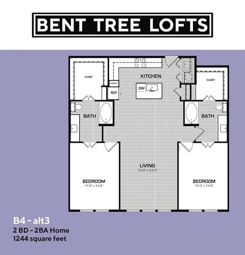 Floor plan for 2 beds, 2 baths, 1244 sqft
